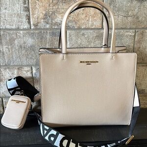 NWT Karl Lagerfeld Beige Structured Tote Bag with Logo Strap